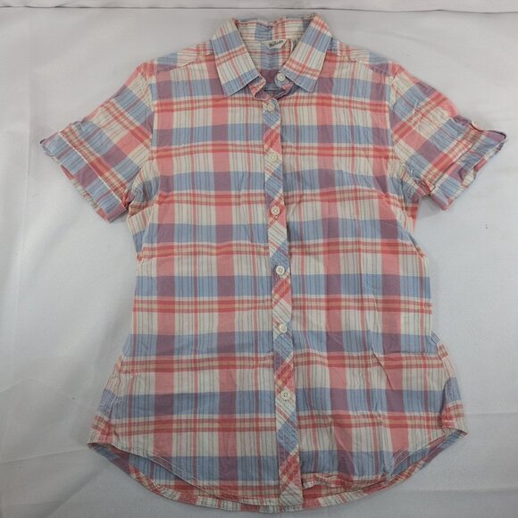 Woolrich Tops - Woolrich Plaid Short Sleeve Blouse Button Up Shirt Collar Pink Blue Women's XS